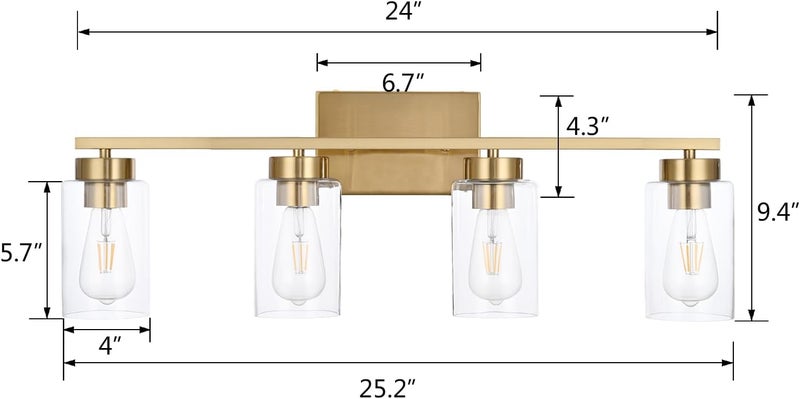 A1A9 4 Light Bathroom Vanity Light Fixtures, Brushed Brass Modern Wall Lights with Clear Glass Shade, Vintage Wall Sconce Lighting for Living Room, Mirror, Bedroom, Hallway (Gold, 4-Lights) - Image 3